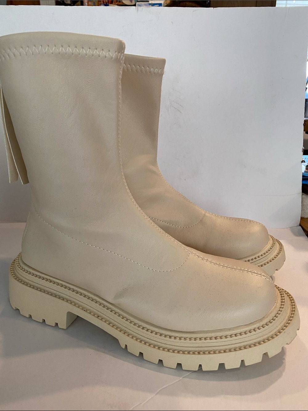 Cream Platform Lug Sole Mid-Calf Boots No Brand